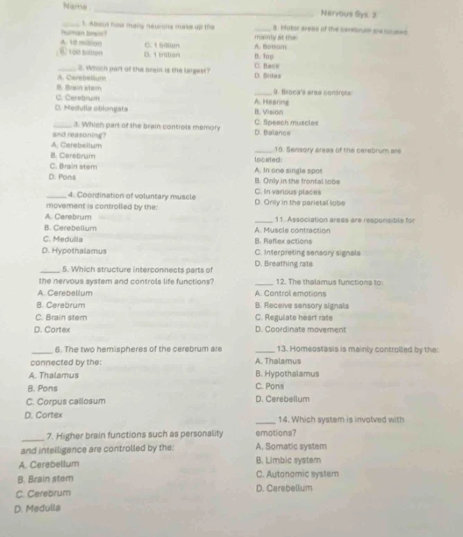 name nervous sys. 2 1. about how many neurons make up the human brain? …