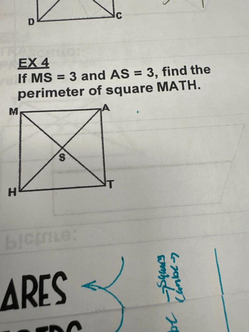 ex 4 if $ms = 3$ and $as = 3$, find the perimeter of square math.