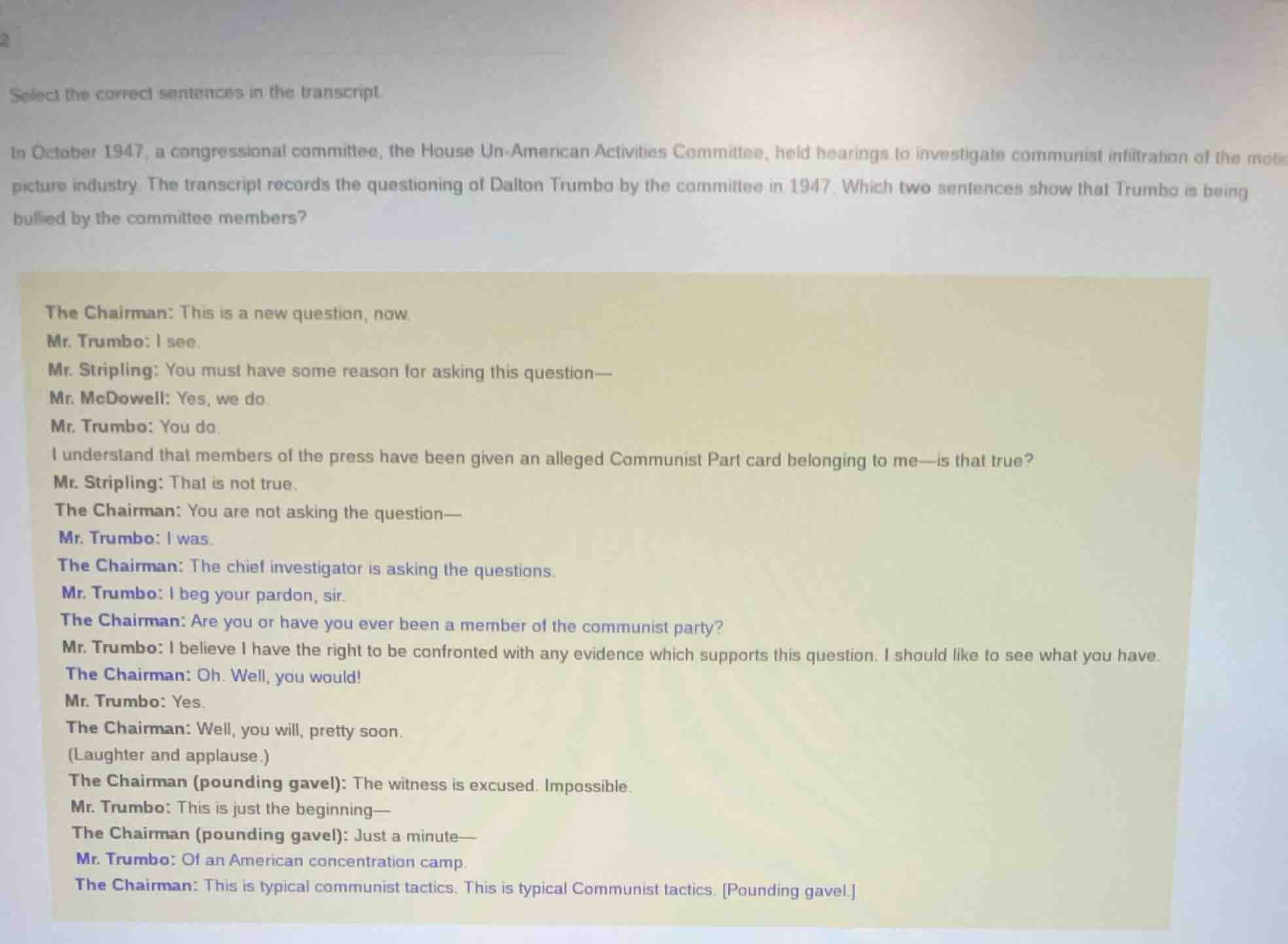 select the correct sentences in the transcript. in october 1947, a cong…