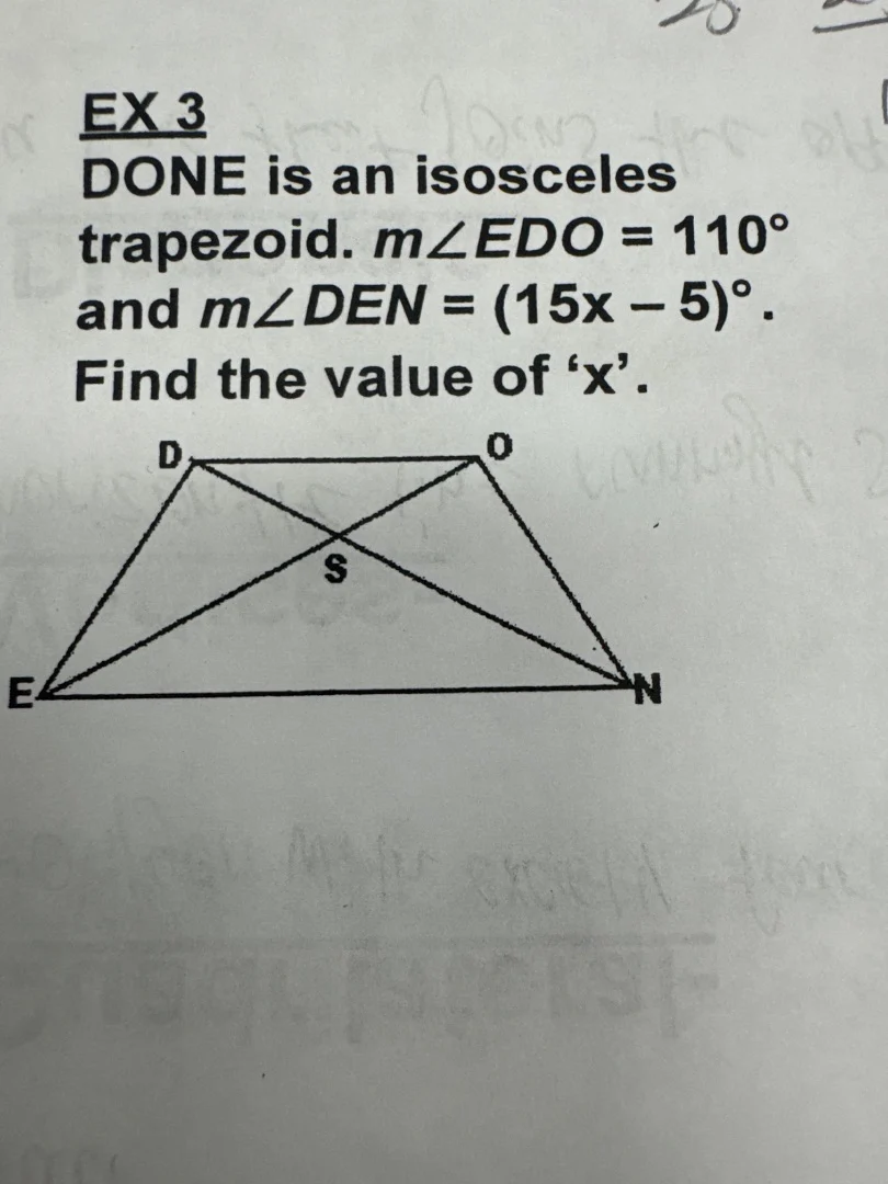 ex 3 done is an isosceles trapezoid. $m\\angle edo = 110^\\circ$ and $m…