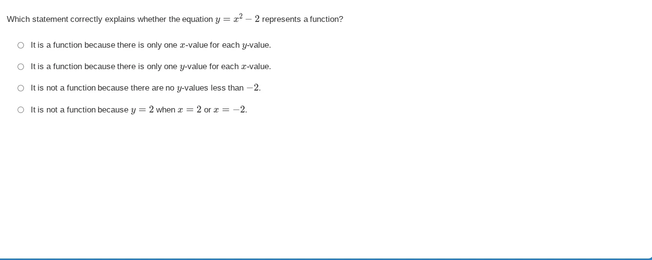 which statement correctly explains whether the equation $y = x^2 - 2$ r…