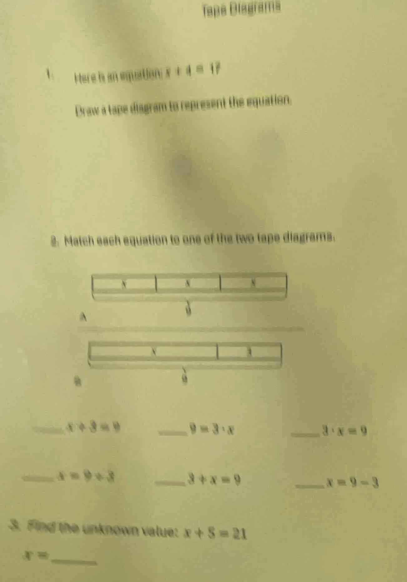 tape diagrams 1. here is an equation: $x + 4 = 17$ draw a tape diagram …