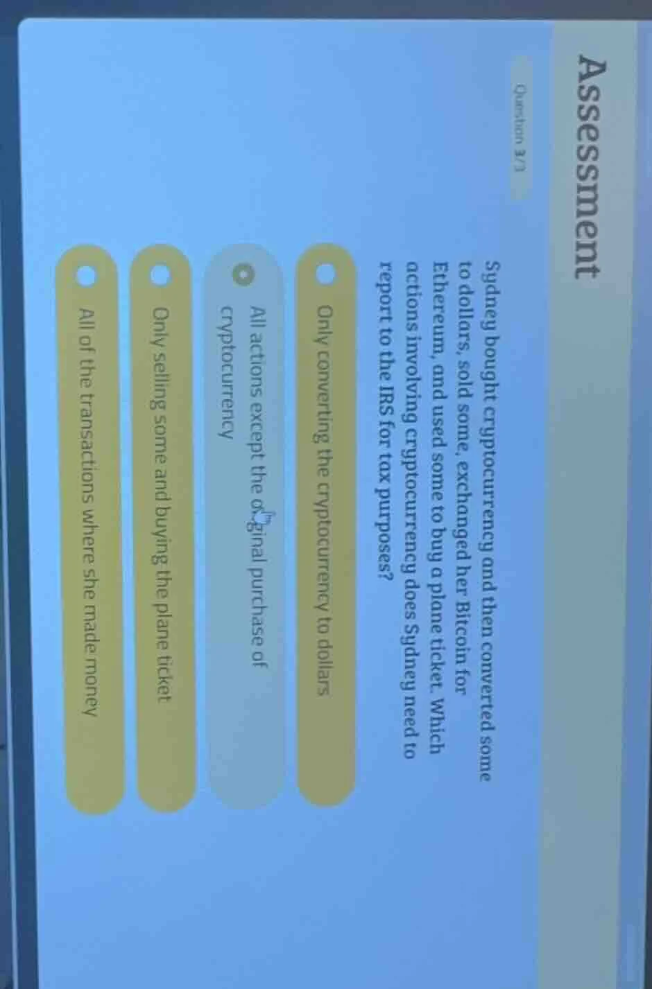 assessment question 3/3 sydney bought cryptocurrency and then converted…