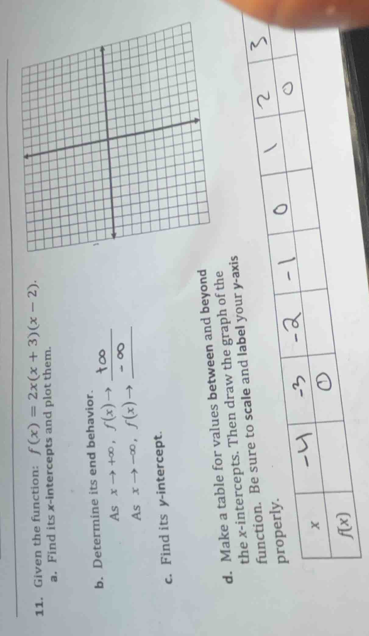 11. given the function: $f(x)=2x(x + 3)(x - 2).$ a. find its x-intercep…