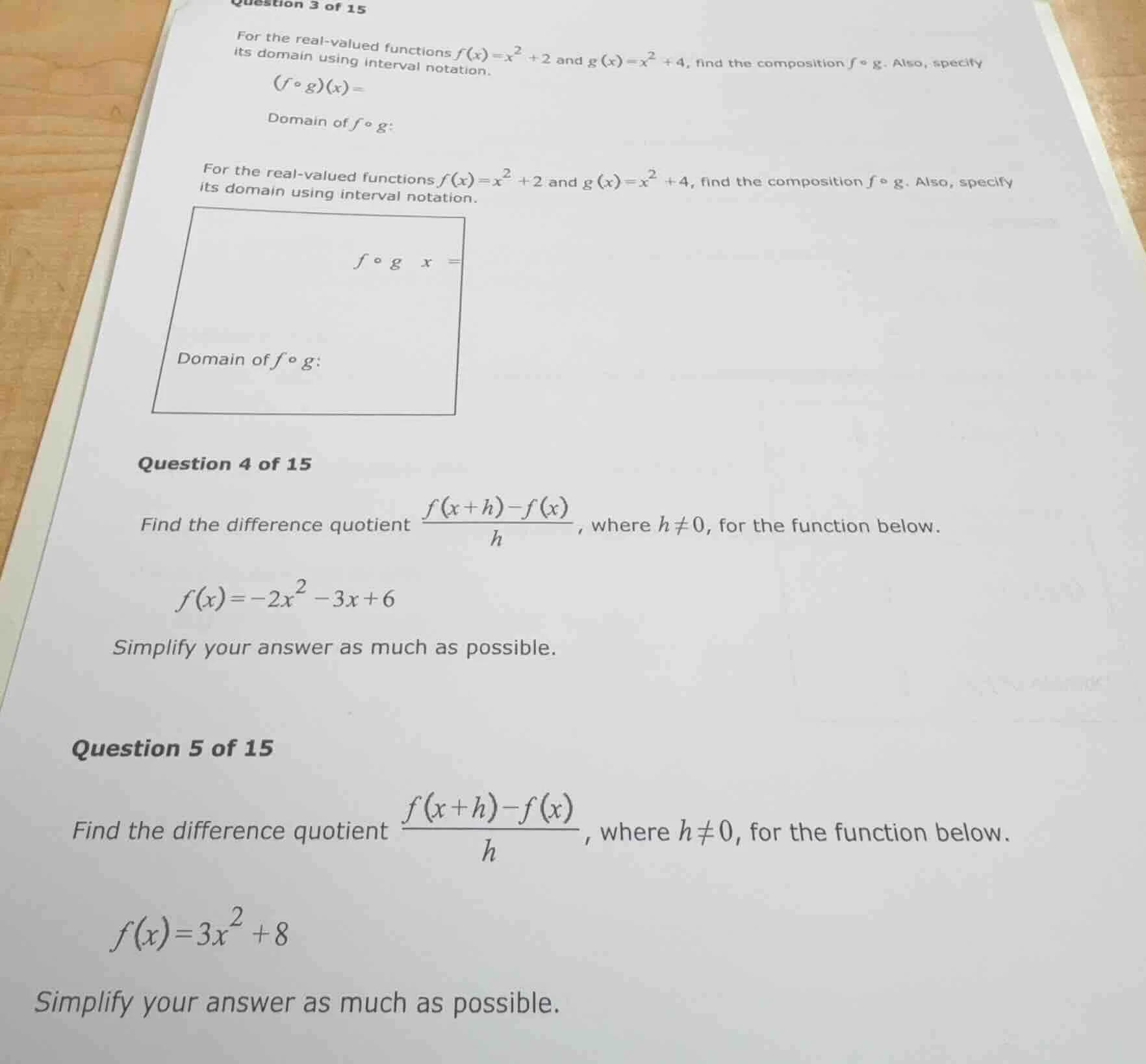 question 3 of 15 for the real-valued functions $f(x)=x^{2}+2$ and $g(x)…