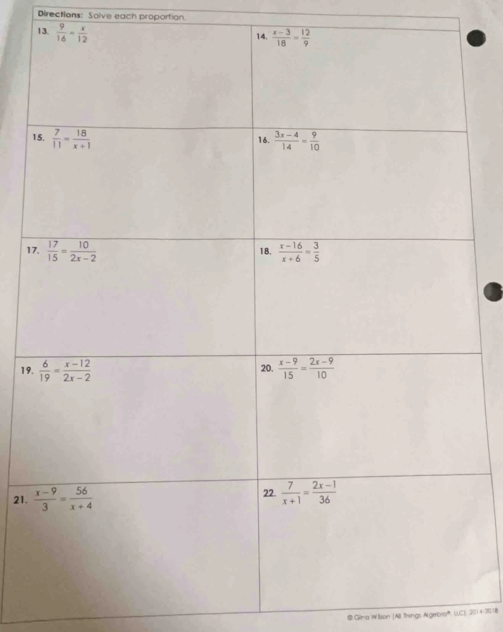 directions: solve each proportion. 13. $\frac{9}{16}=\frac{x}{12}$ 14. …