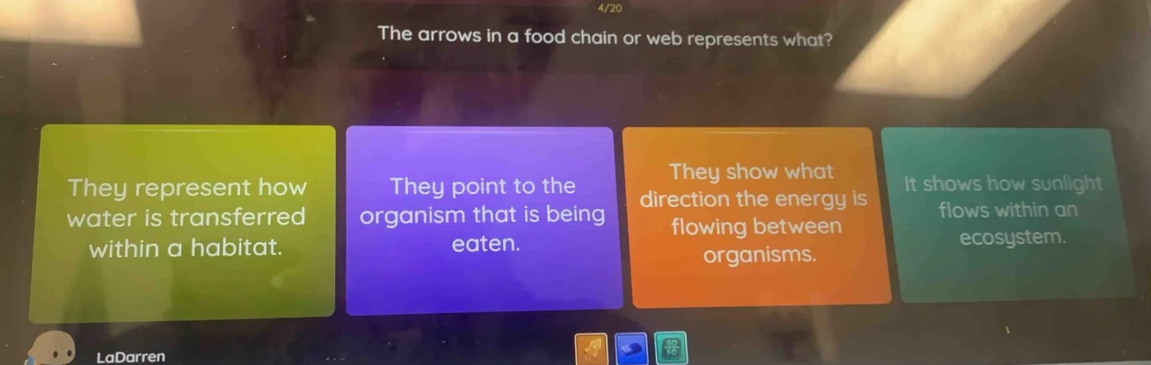 4/20 the arrows in a food chain or web represents what? they represent …