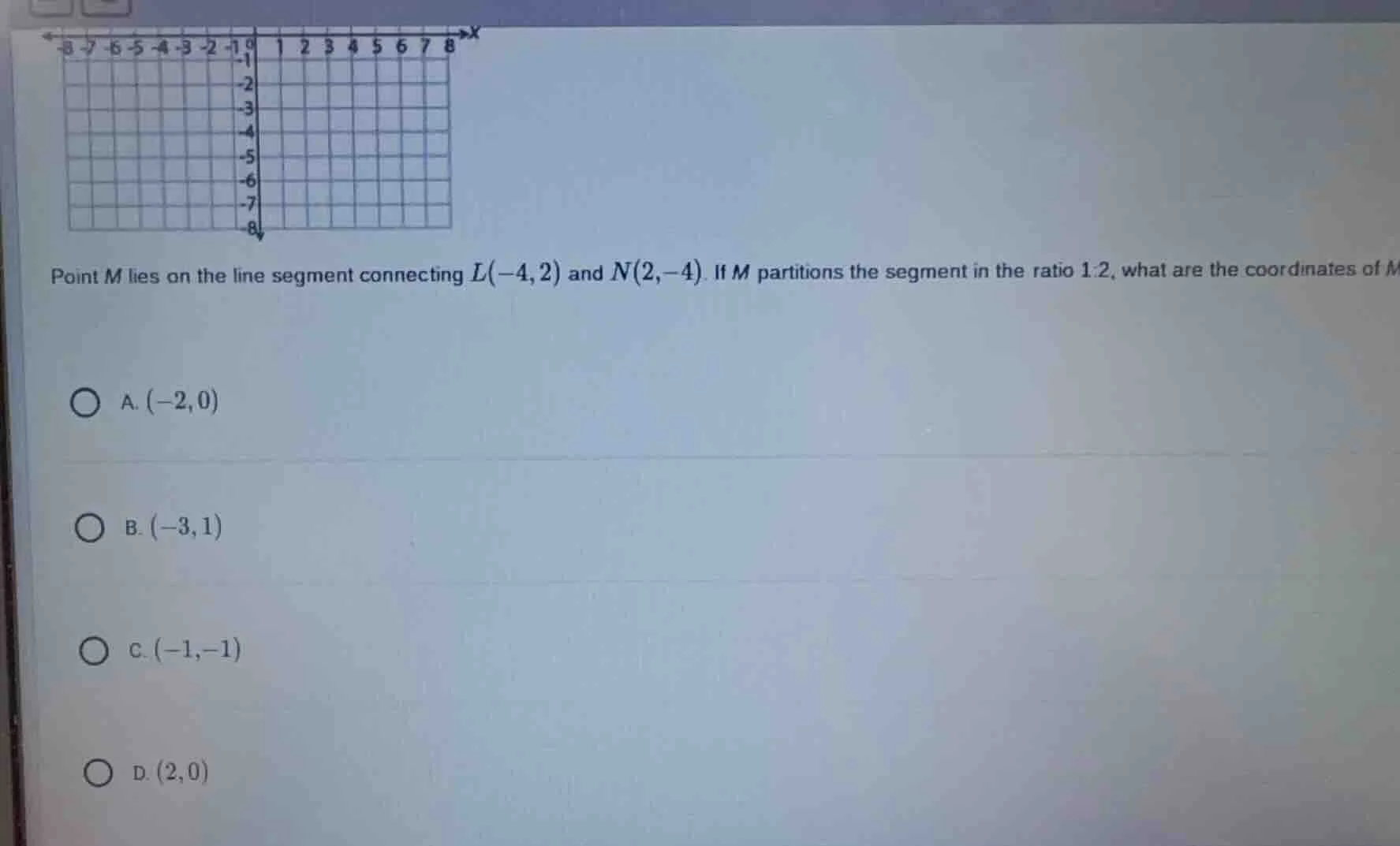 point m lies on the line segment connecting $l(-4,2)$ and $n(2,-4)$. if…