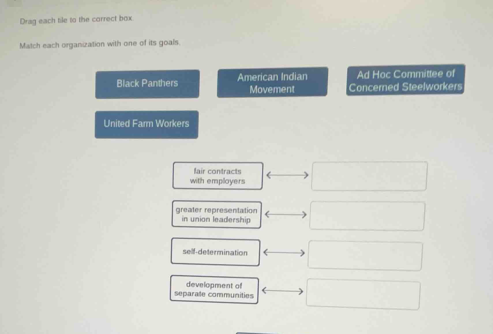 drag each tile to the correct box.match each organization with one of i…