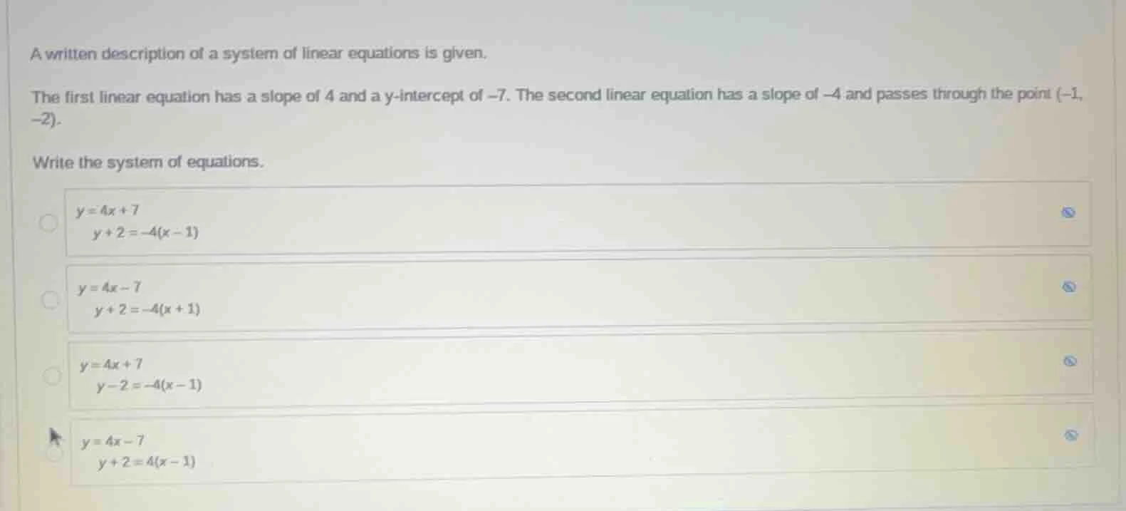 a written description of a system of linear equations is given. the fir…