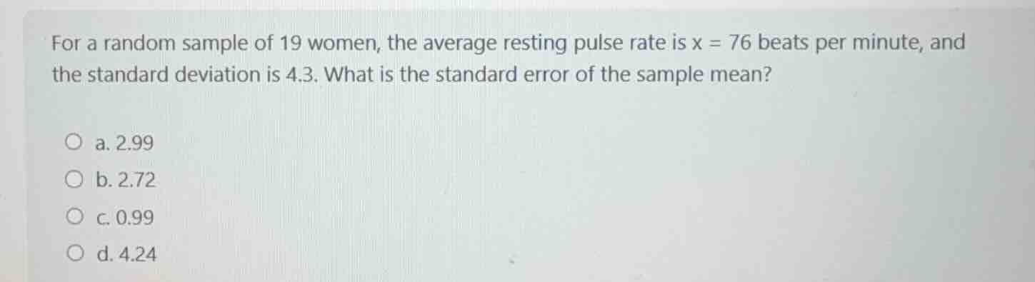 for a random sample of 19 women, the average resting pulse rate is $\\b…