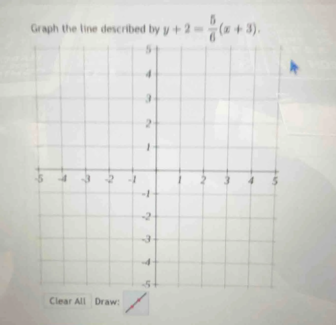 graph the line described by $y + 2 = \\frac{5}{6}(x + 3)$. clear all dr…