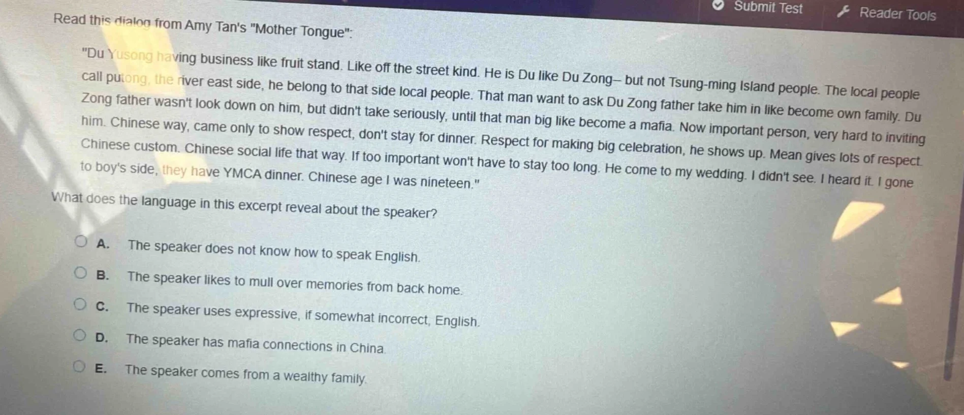 read this dialog from amy tans mother tongue: du yusong having business…