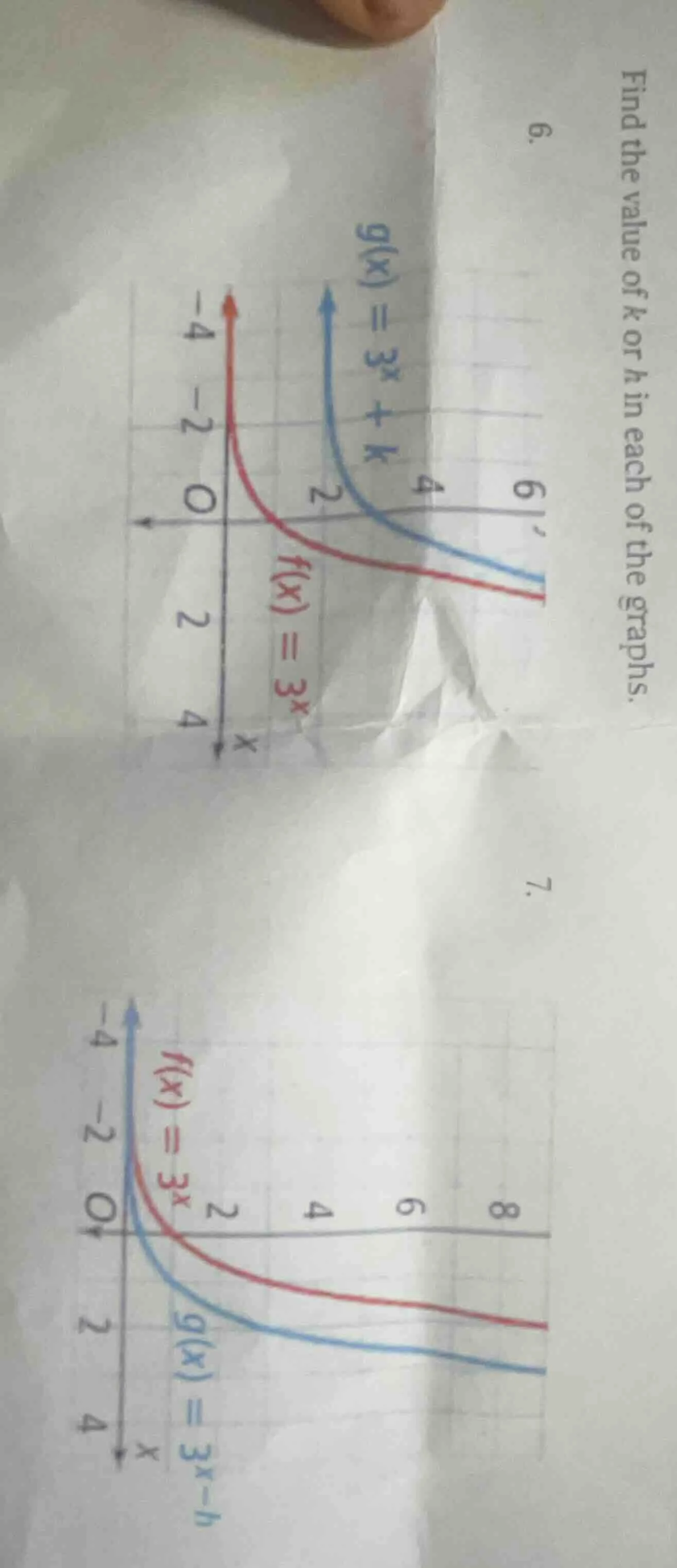 find the value of k or h in each of the graphs. 6. $g(x)=3^x + k$ $f(x)…