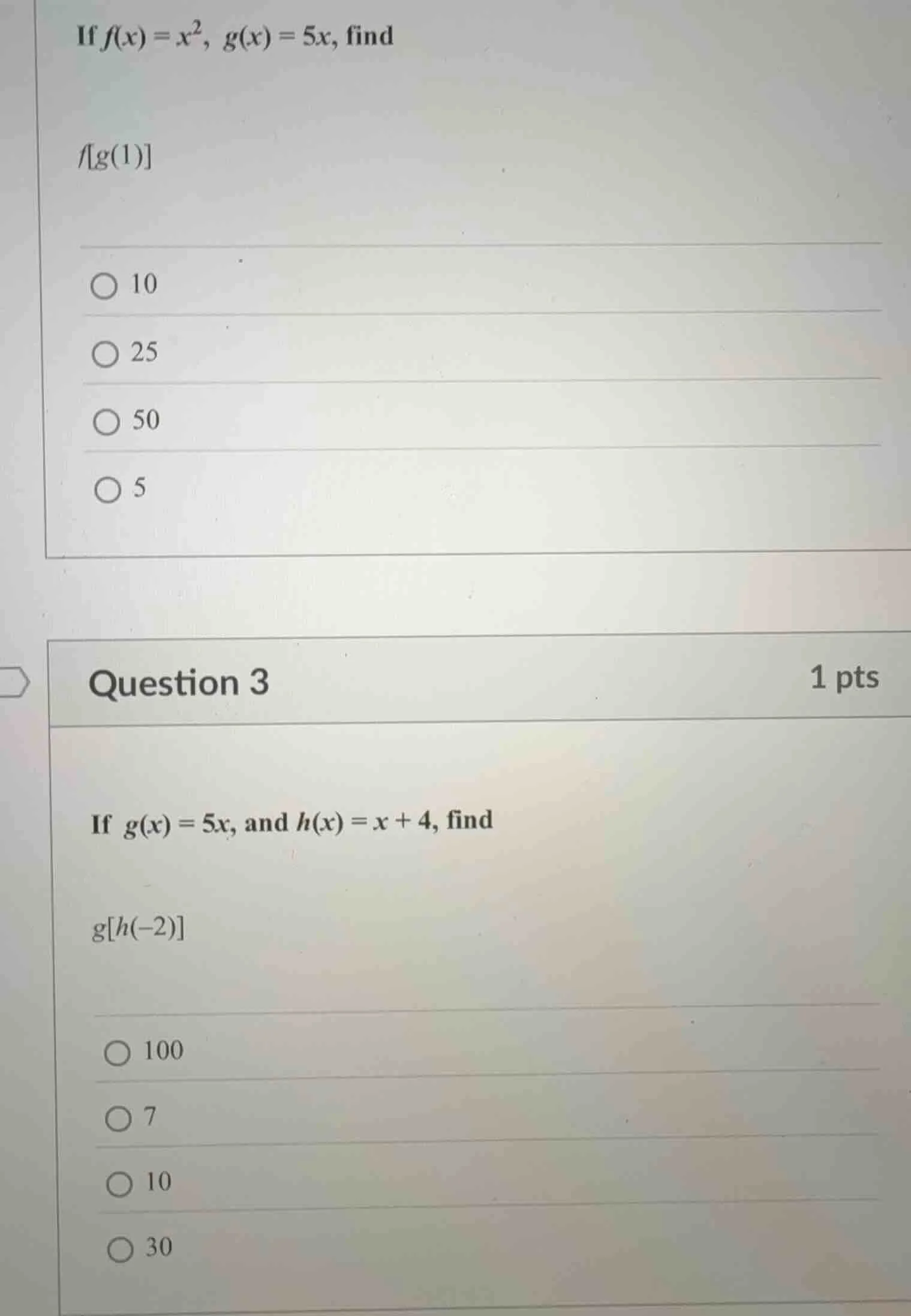 if $f(x)=x^2$, $g(x)=5x$, find $fg(1)$ $\bigcirc$ 10 $\bigcirc$ 25 $\bi…