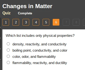 changes in matter quiz complete 1 2 3 4 5 6 7 8 which list includes onl…