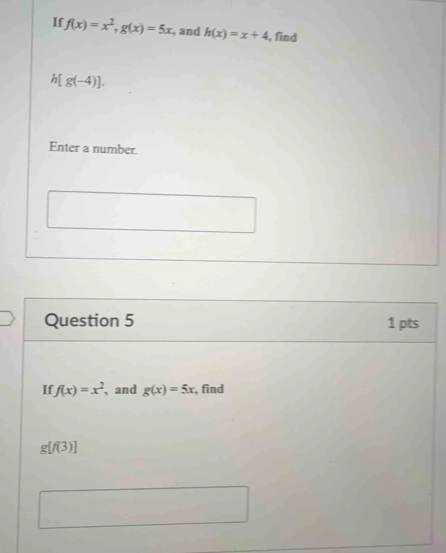 if $f(x)=x^2$, $g(x)=5x$, and $h(x)=x+4$, find $hg(-4)$. enter a number…