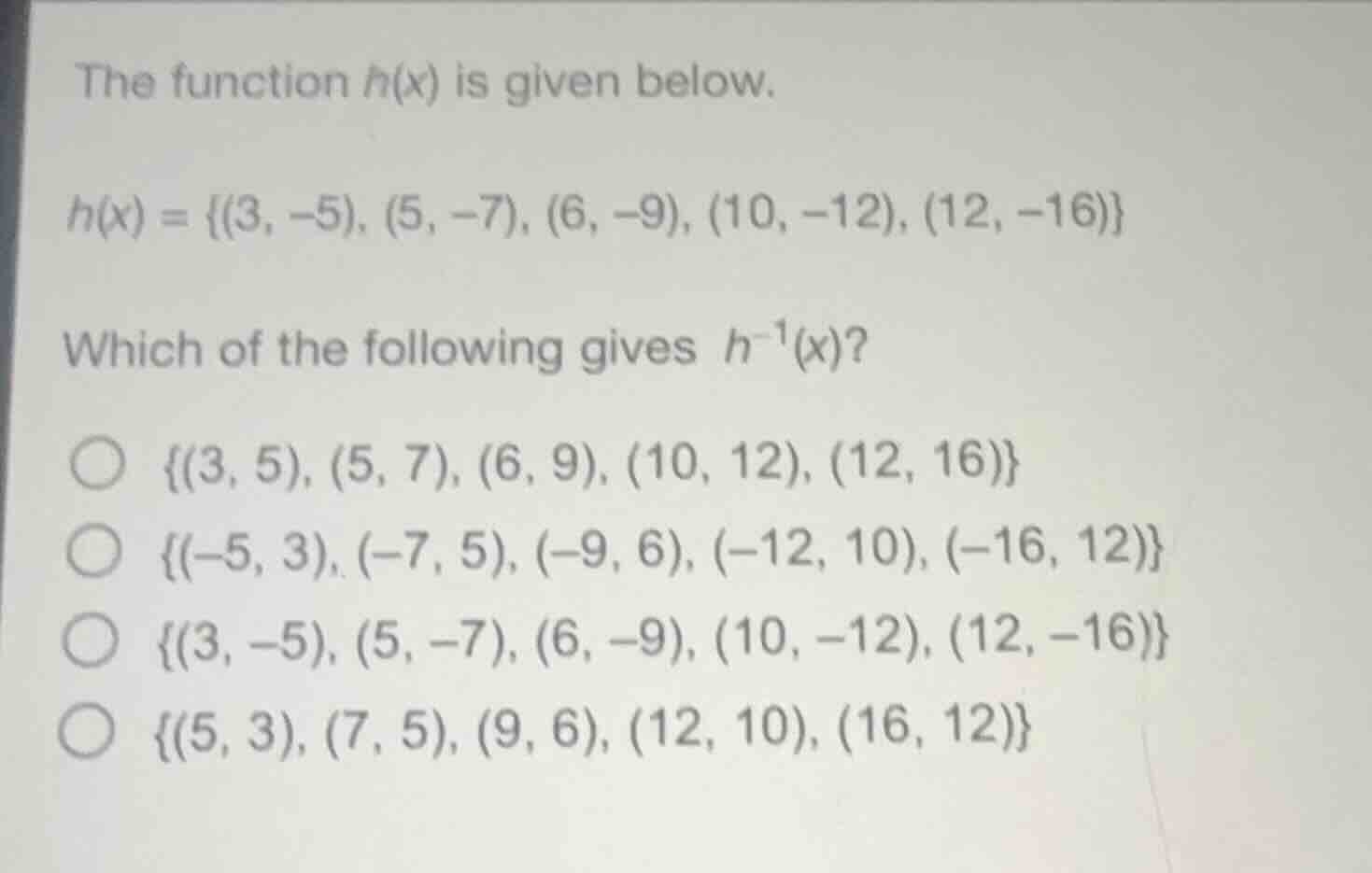 the function $h(x)$ is given below. $h(x) = \\{(3, -5), (5, -7), (6, -9…