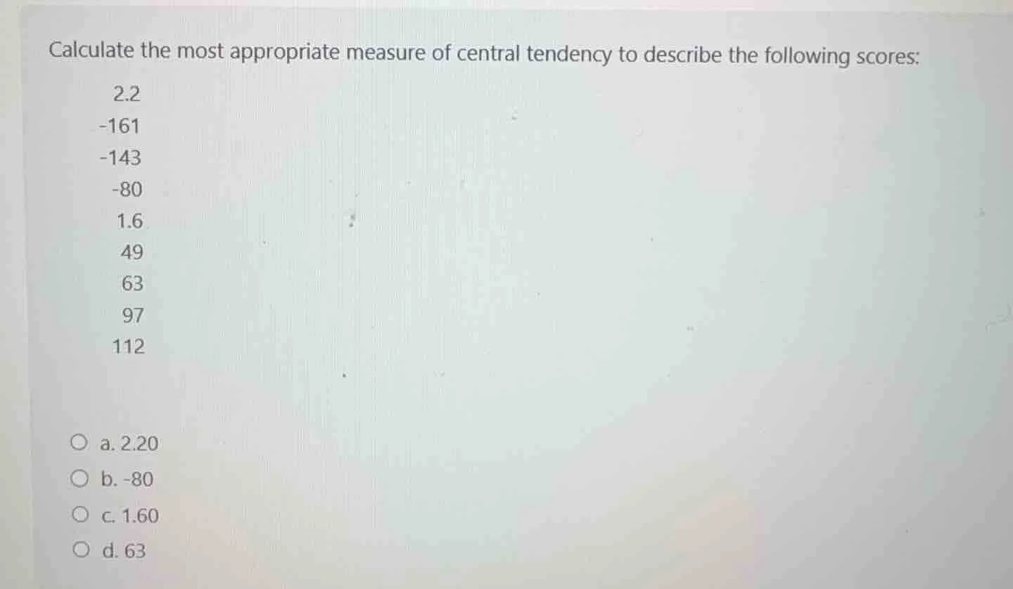 calculate the most appropriate measure of central tendency to describe …