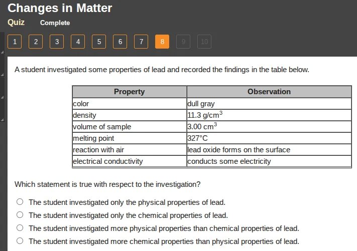 changes in matter quiz complete 1 2 3 4 5 6 7 8 9 10 a student investig…