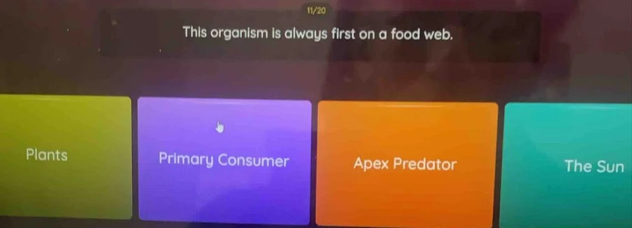 11/20 this organism is always first on a food web. plants primary consu…