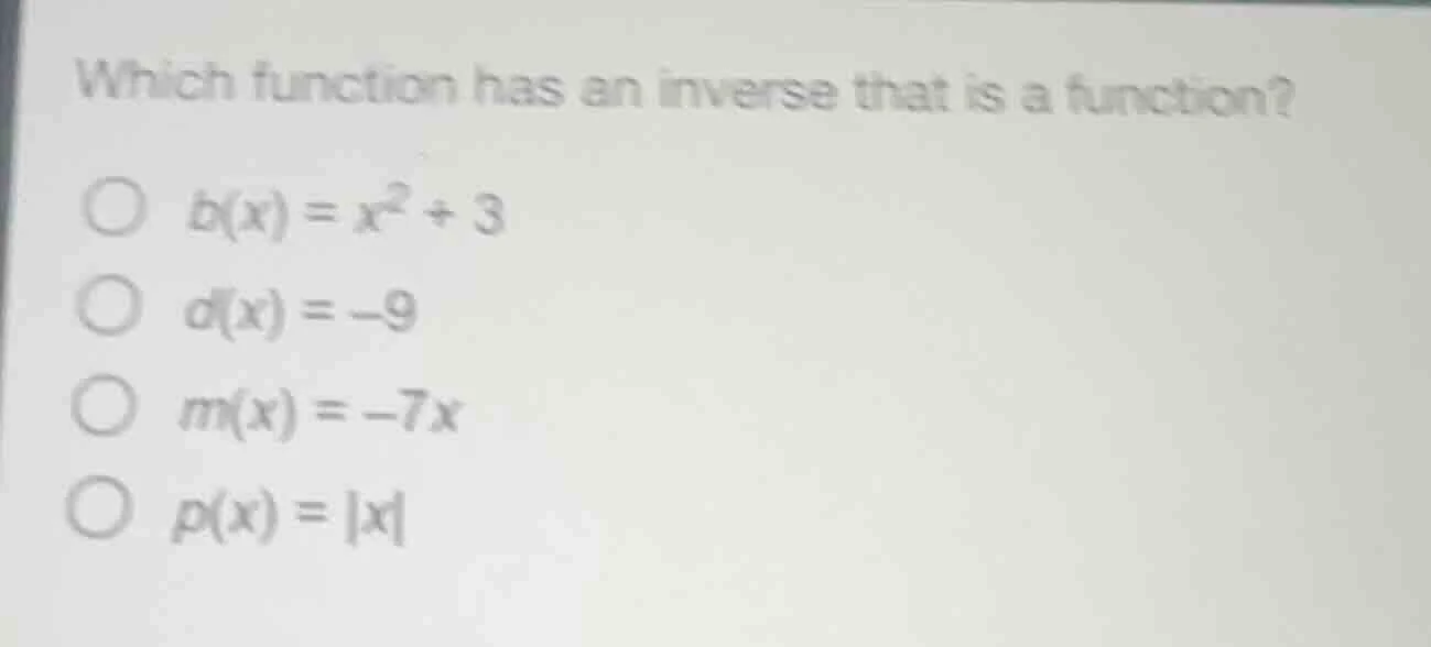which function has an inverse that is a function? $b(x) = x^2 + 3$ $d(x…
