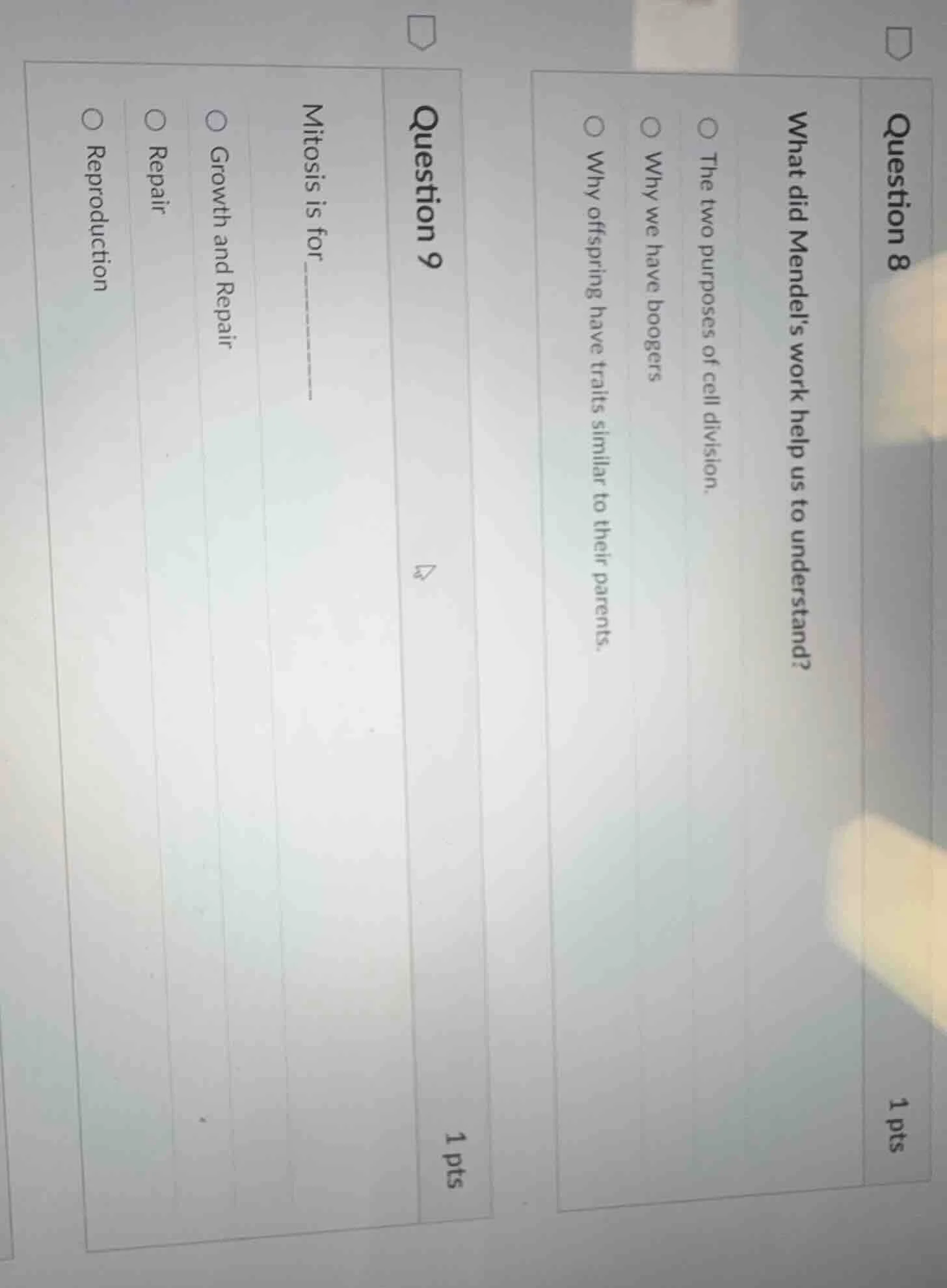 question 8 1 pts what did mendels work help us to understand? ○ the two…