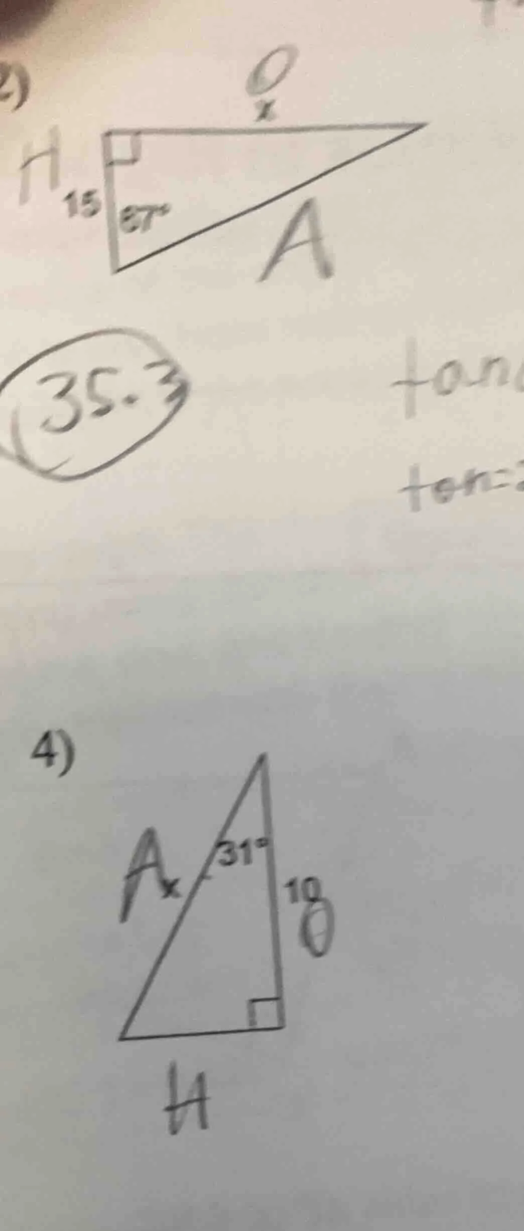 3) a right triangle with one leg length 15, one acute angle 87°, find t…