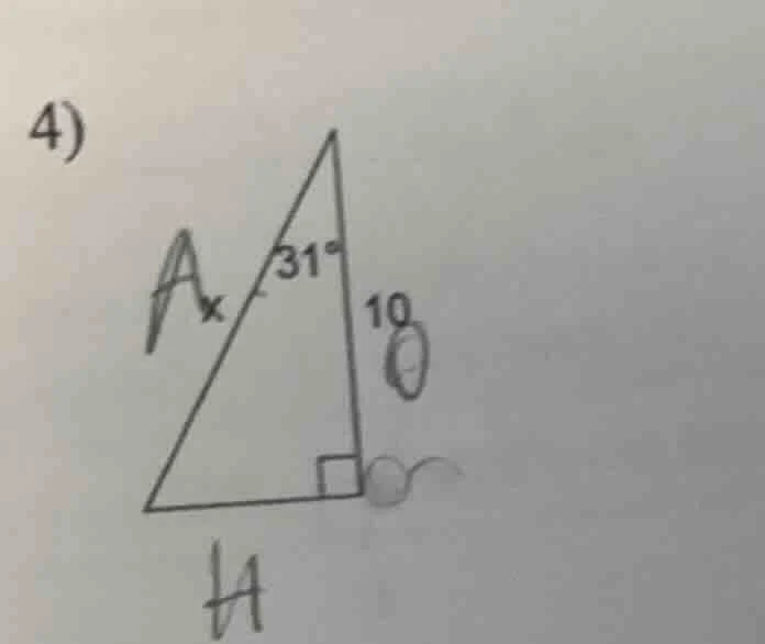 4) in a right triangle, one acute angle is 31°, the length of the adjac…