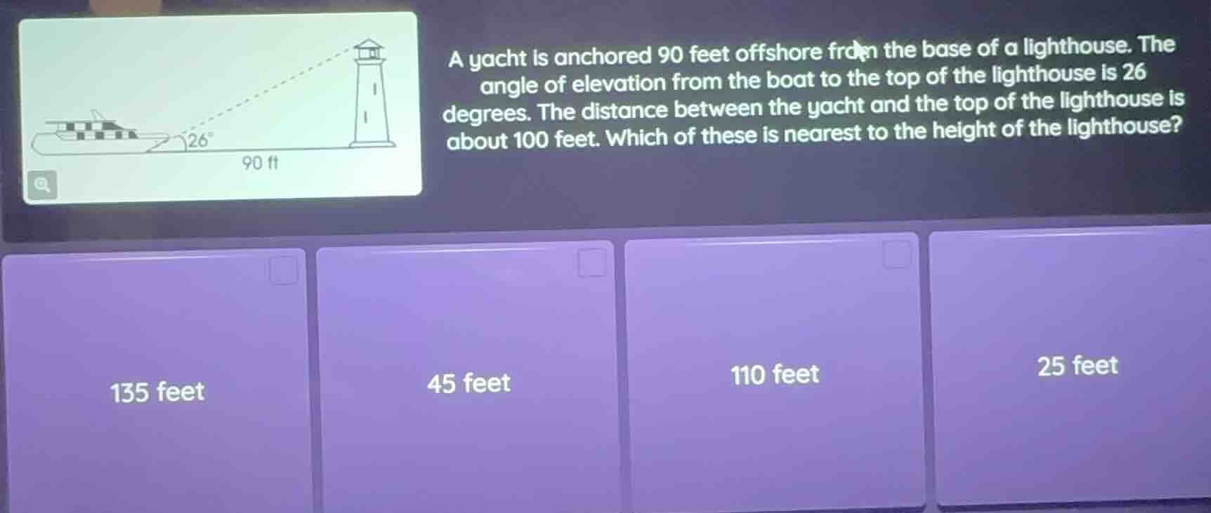 a yacht is anchored 90 feet offshore from the base of a lighthouse. the…
