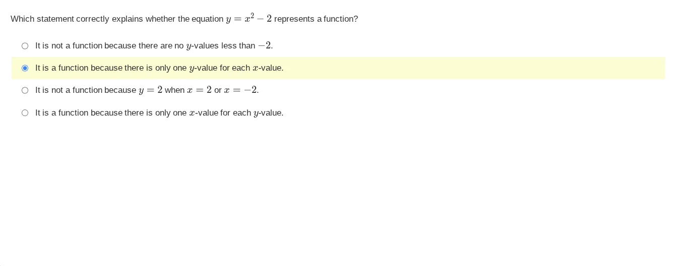 which statement correctly explains whether the equation $y = x^2 - 2$ r…