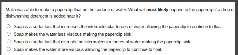 malia was able to make a paperclip float on the surface of water. what …