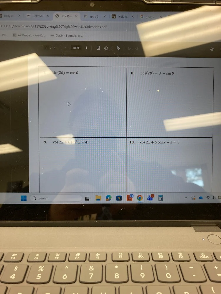 7. $sin(2\\theta) = \\cos\\theta$ 8. $cos(2\\theta) = 3 - \\sin\\theta$…
