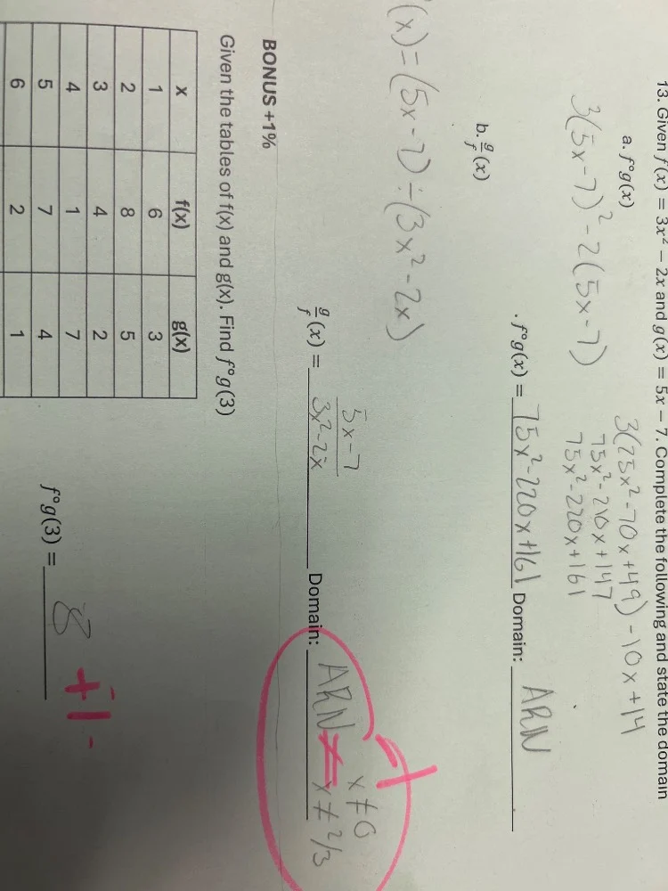 13. given $f(x) = 3x^2 - 2x$ and $g(x) = 5x - 7$. complete the followin…