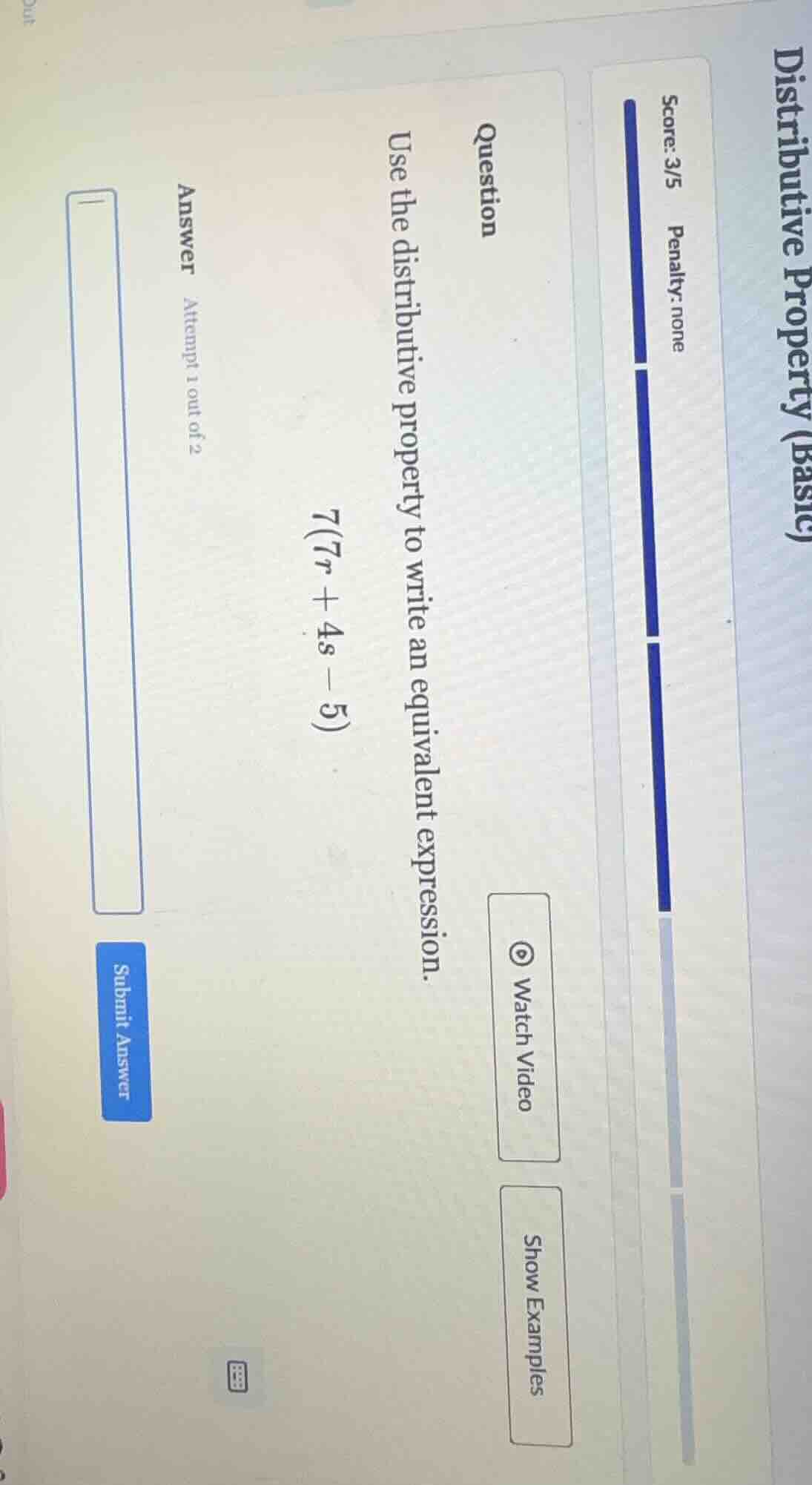 distributive property (basic) score: 3/5 penalty: none question use the…
