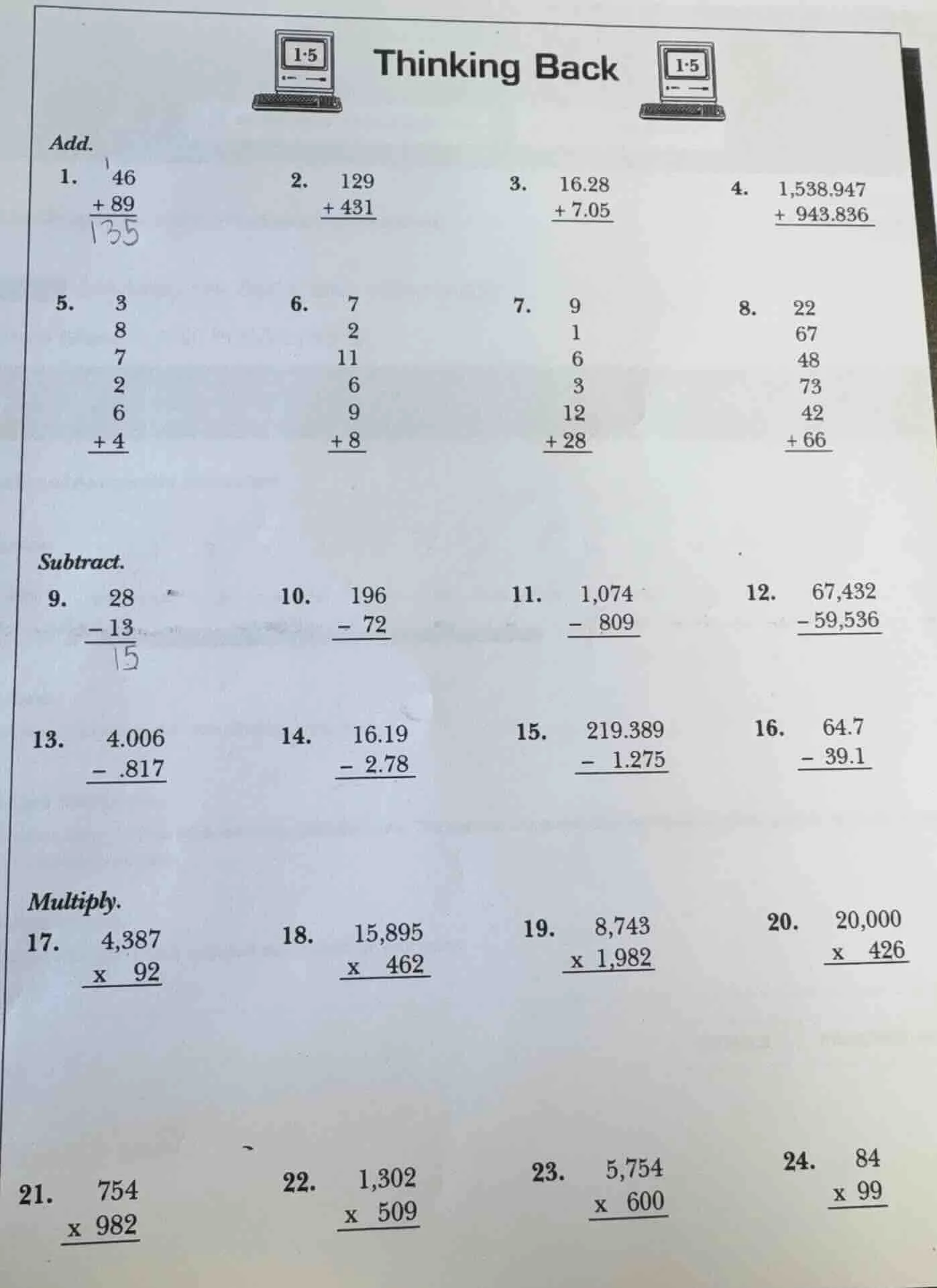 thinking back add. 1. $\\begin{aligned} 46\\\\ +\\ 89\\end{aligned}$ 2.…
