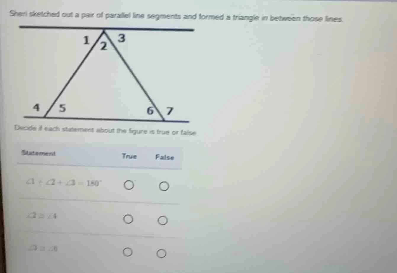 sheri sketched out a pair of parallel line segments and formed a triang…