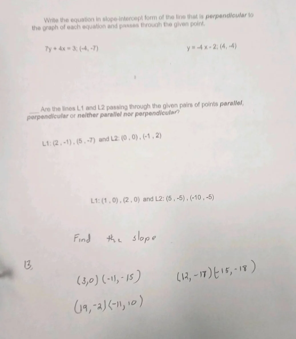 write the equation in slope-intercept form of the line that is perpendi…