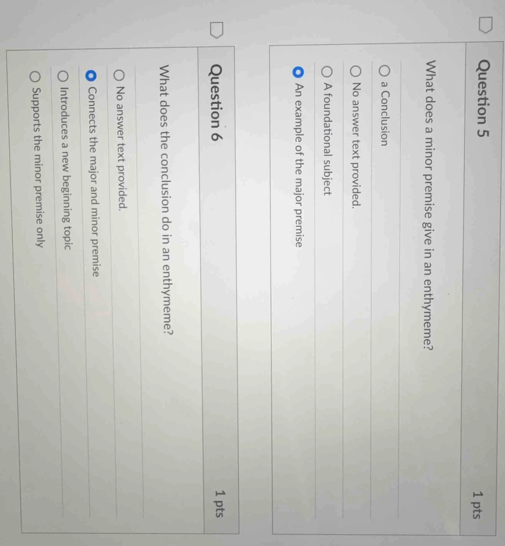 question 51 ptswhat does a minor premise give in an enthymeme?○ a concl…