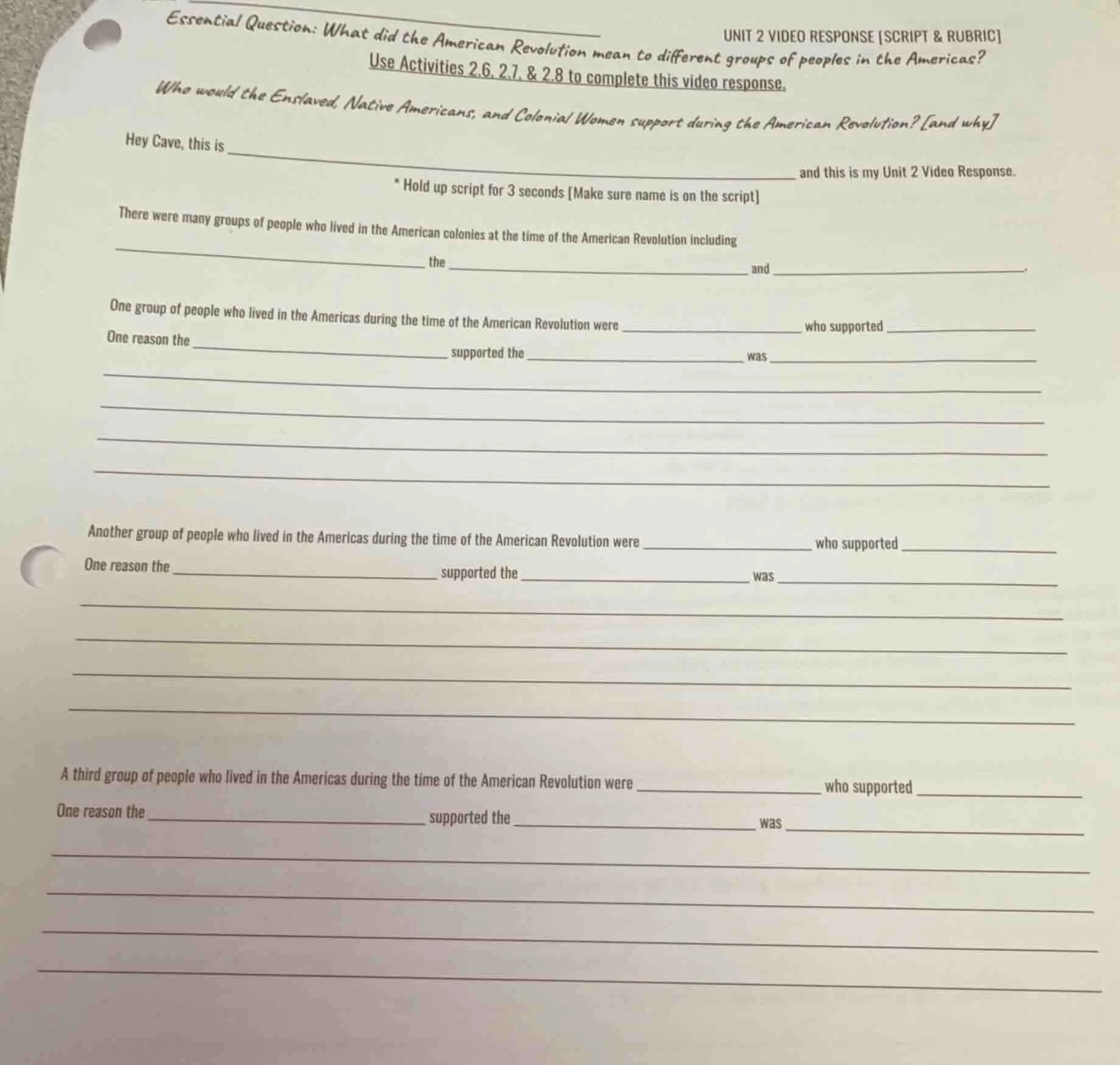 unit 2 video response script & rubricessential question: what did the a…