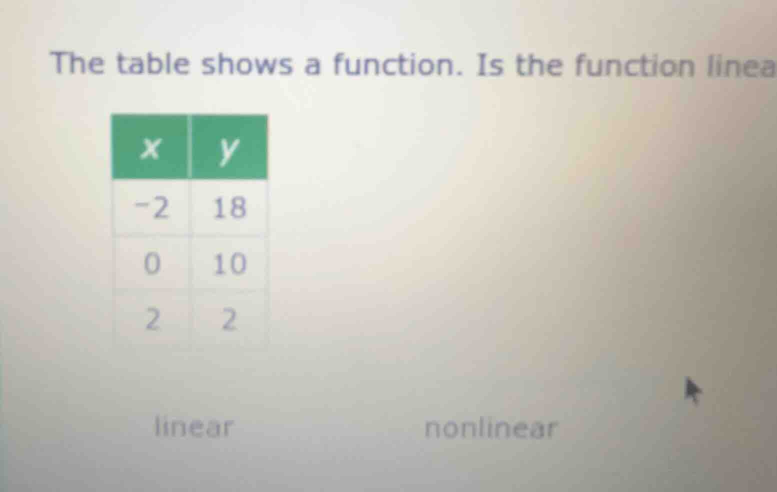 the table shows a function. is the function linear? linear nonlinear