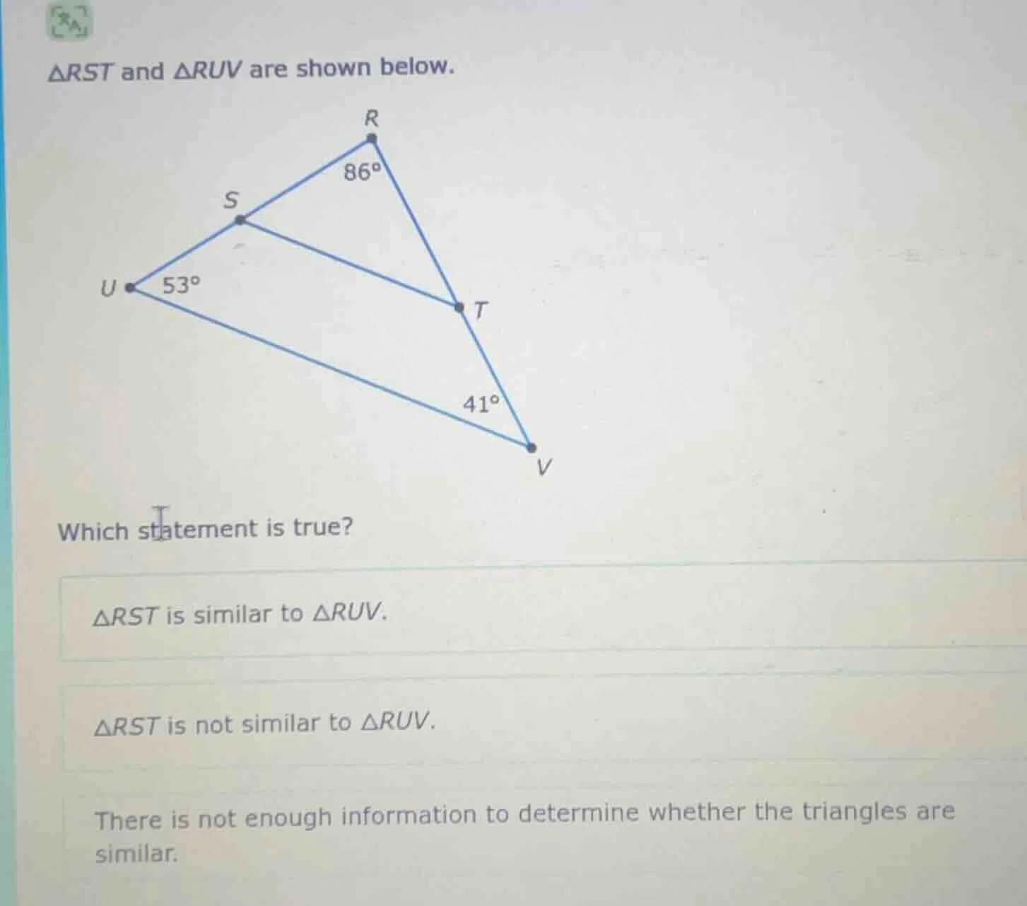 $\\triangle rst$ and $\\triangle ruv$ are shown below. which statement …