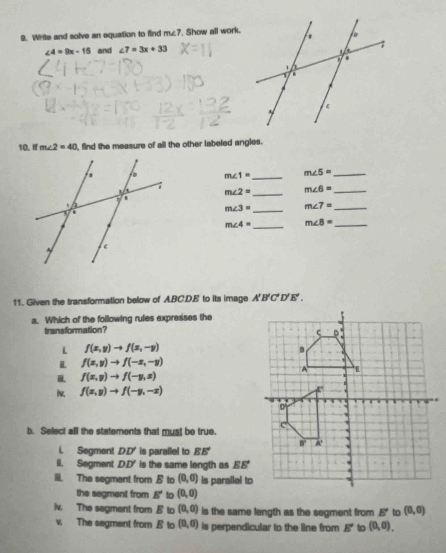9. write and solve an equation to find $m\\angle7$. show all work.$\\an…