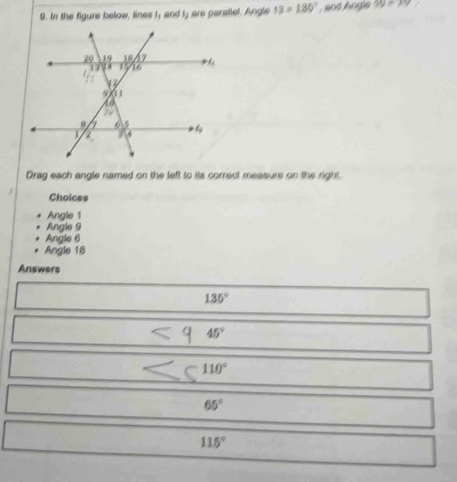 9. in the figure below, lines $l_1$ and $l_2$ are parallel, angle 13 = …