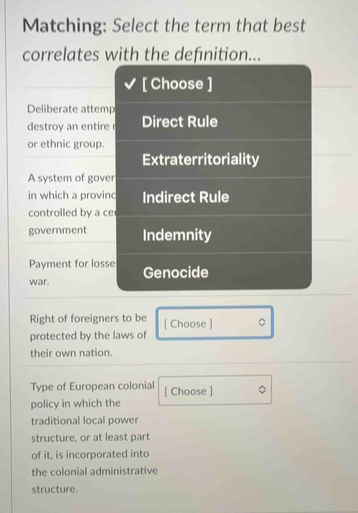 matching: select the term that best correlates with the definition...ch…