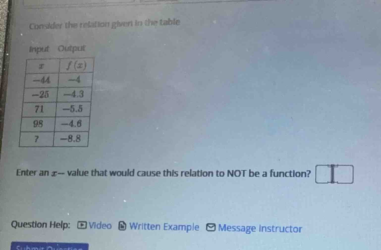 consider the relation given in the table input output $x$ $f(x)$ $-44$ …