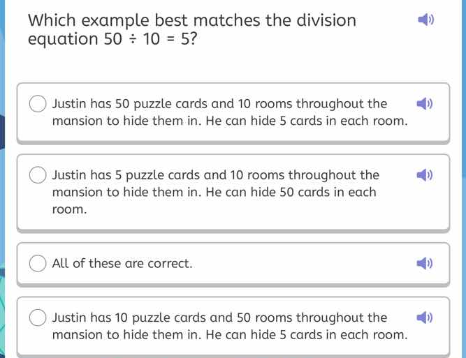 which example best matches the division equation $50 \\div 10 = 5$? jus…