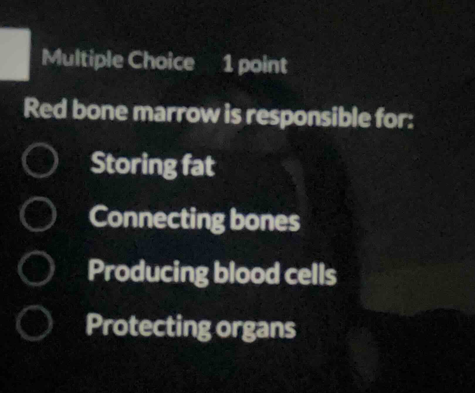 multiple choice 1 point red bone marrow is responsible for: storing fat…