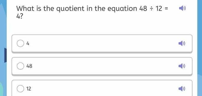 what is the quotient in the equation $48 \\div 12 = 4$? 4 48 12