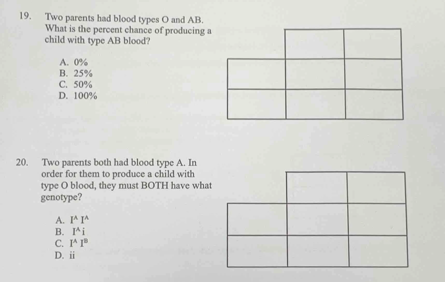 19. two parents had blood types o and ab. what is the percent chance of…